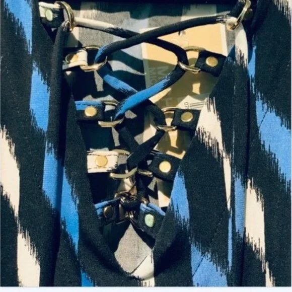 MICHAEL KORS Blue White & Black Lace-Up V Neck Border Print Tunic ( SMALL ) NWT - Picture 2 of 6